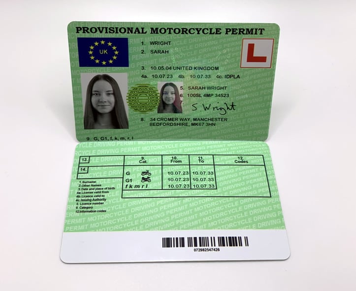 fake provsional motorcycle permit front and back view