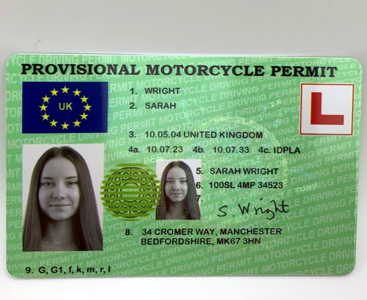 fake provsional motorcycle permit front view